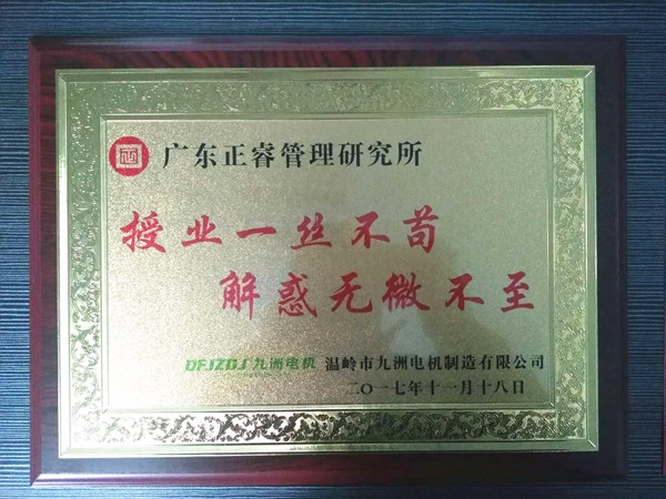 溫嶺市九洲電機(jī)制造有限公司贈與廣州正睿授業(yè)一絲不茍與，解惑無微不至牌匾